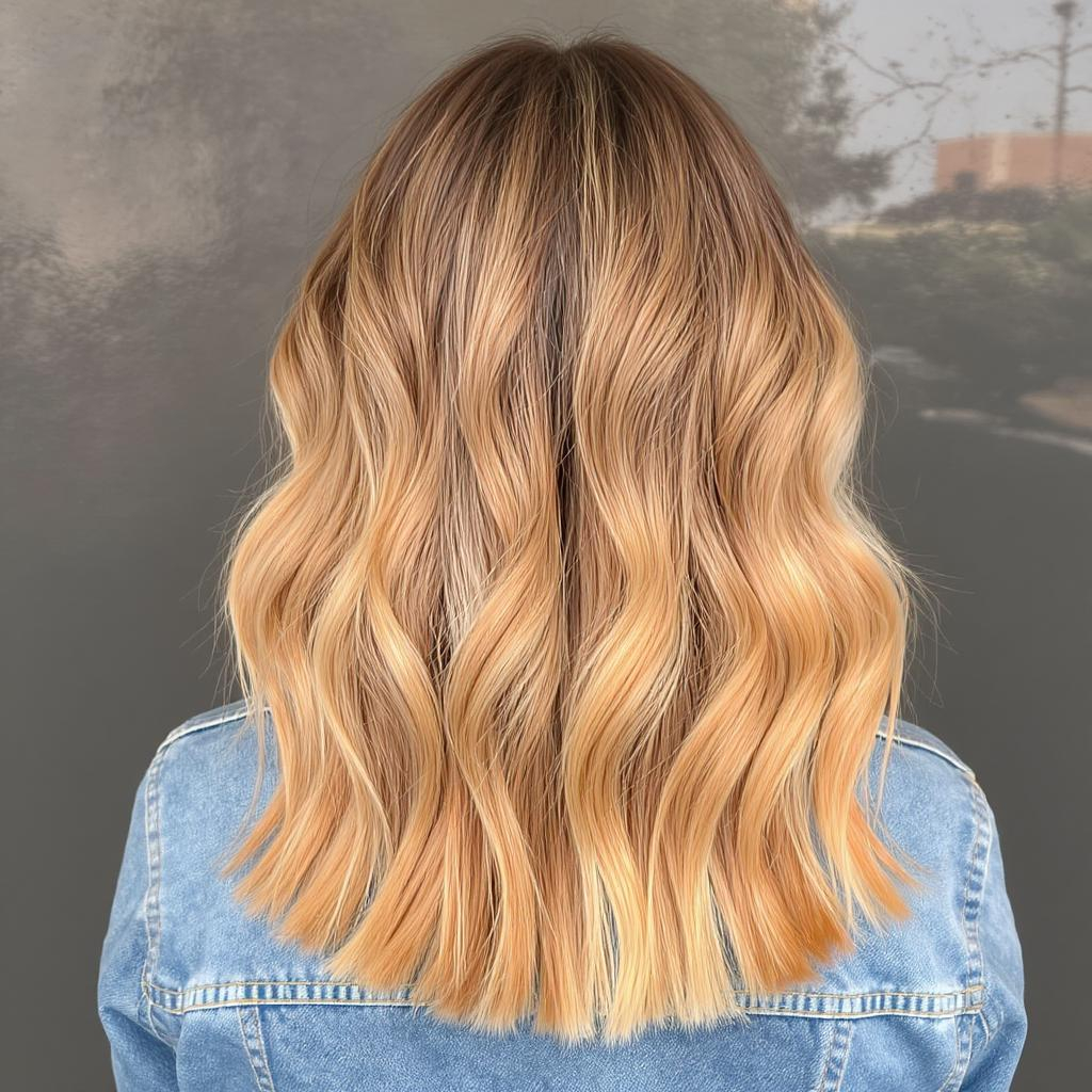 Balayage blond miel lumineux sur cheveux mi-longs ondulés