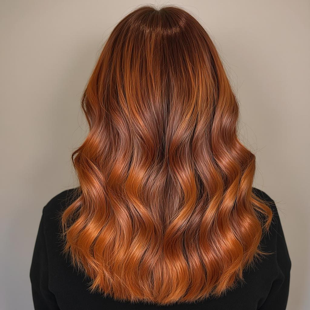 Balayage cuivré intense sur chevelure épaisse