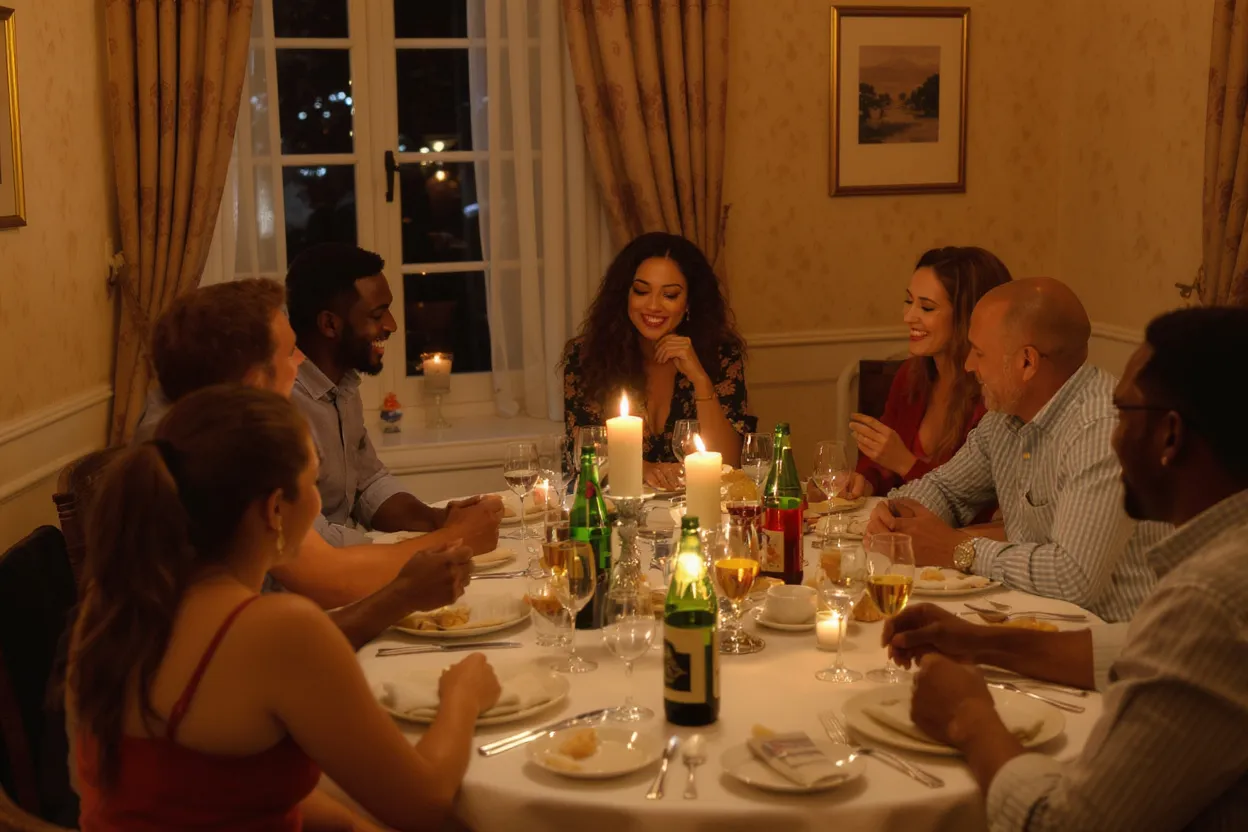 plusieurs amis s'amusant et riant lors d'un diner festif, lumiere tamisée, célébration
