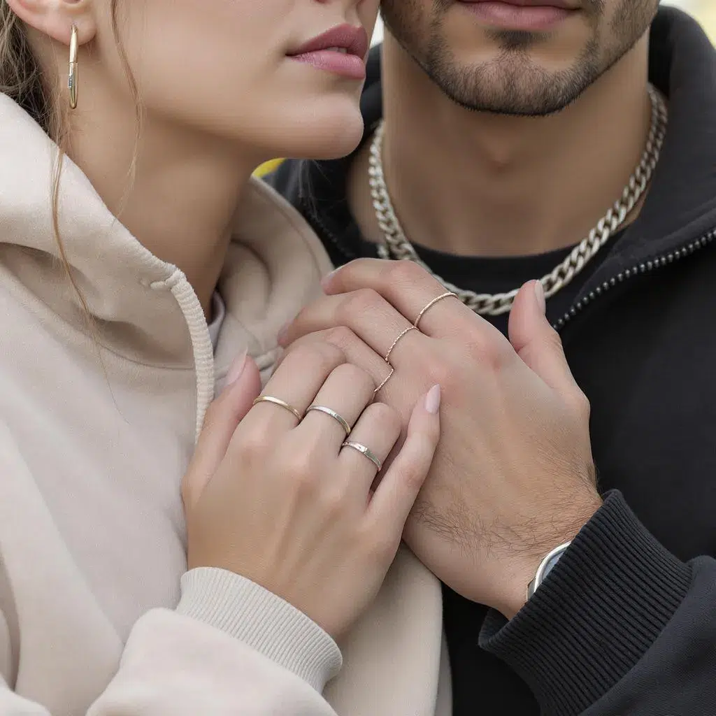 Couple moderne partageant des bijoux en acier inoxydable assortis, dont chaînes et bagues portées sans distinction de genre
