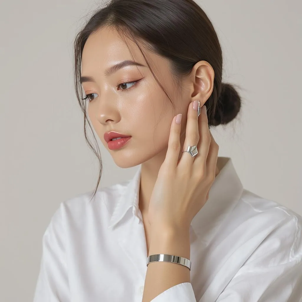 Portrait d’une femme portant un bijou en acier inoxydable au design géométrique minimaliste, assorti à un look sobre et structuré