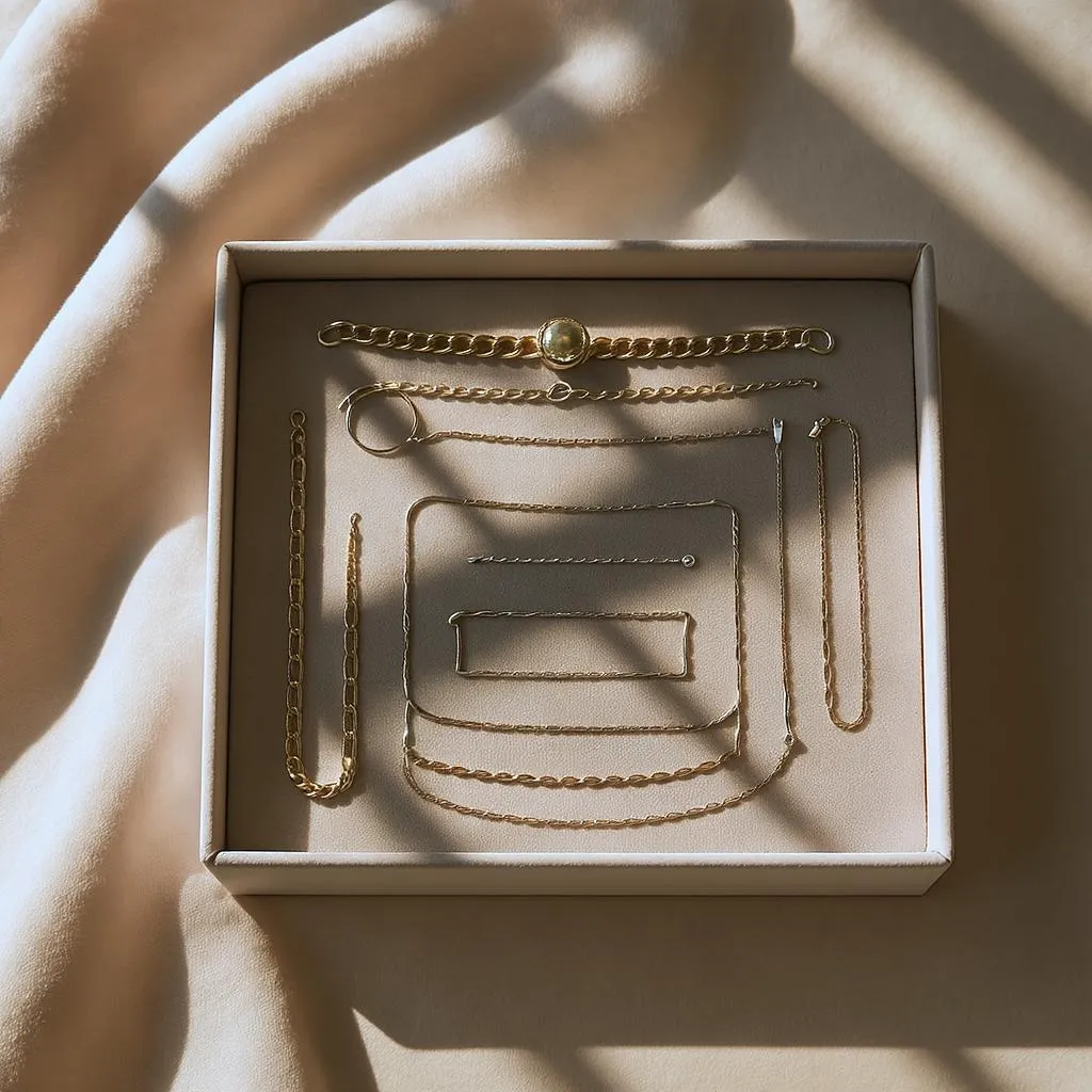 Boîte compartimentée contenant des bijoux en acier inoxydable bien rangés, avec chiffon microfibre pour l’entretien régulier