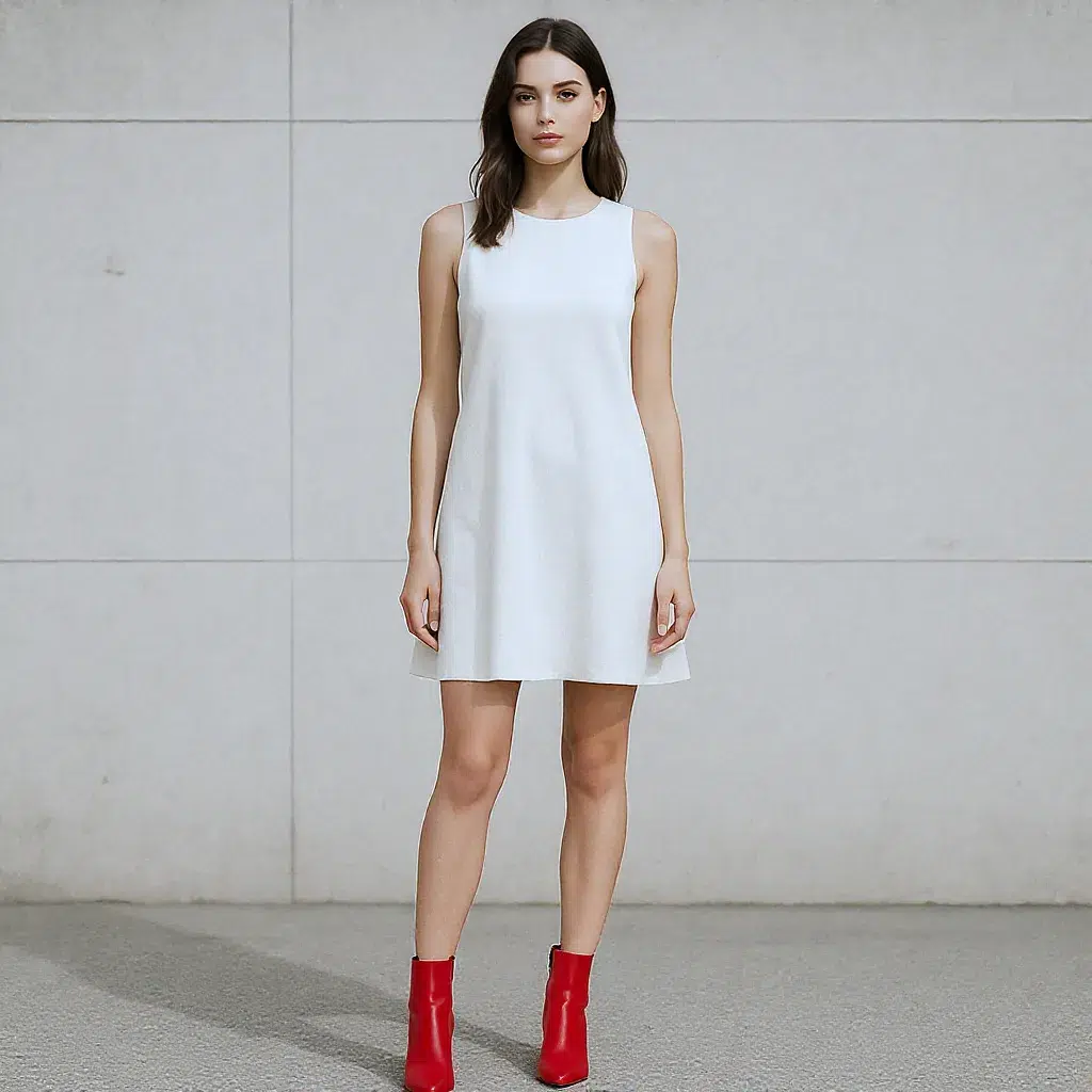 Femme en robe noire sobre associée à des bottines rouges vives en cuir verni pour un look moderne et audacieux.