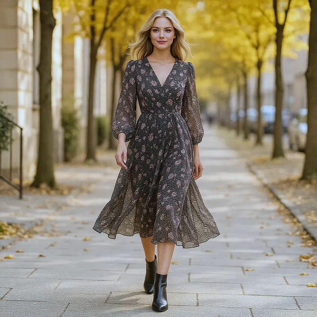 robe fleurie bottines noires tendances