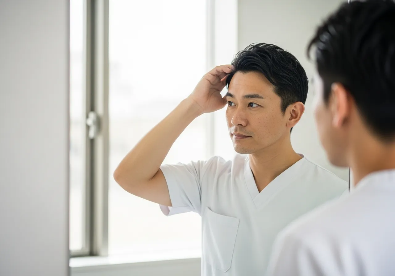Homme adulte qui examine sa chevelure devant le miroir, inquiet face à une perte de cheveux éventuelle