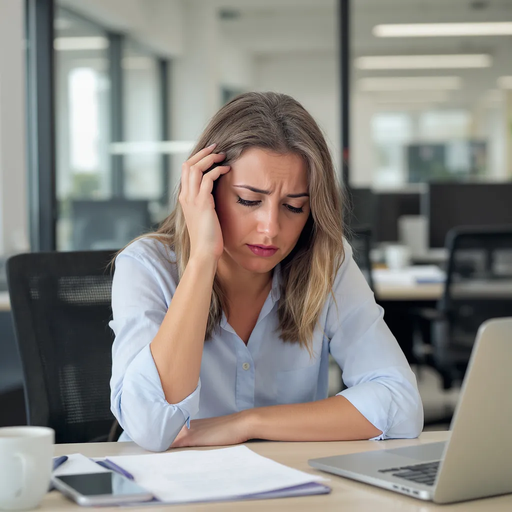 : Femme stressée au bureau se passant la main dans les cheveux
