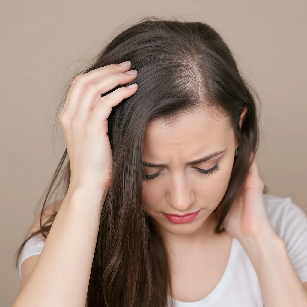 Femme jeune aux cheveux longs montrant une perte de densité capillaire au sommet du cuir chevelu
