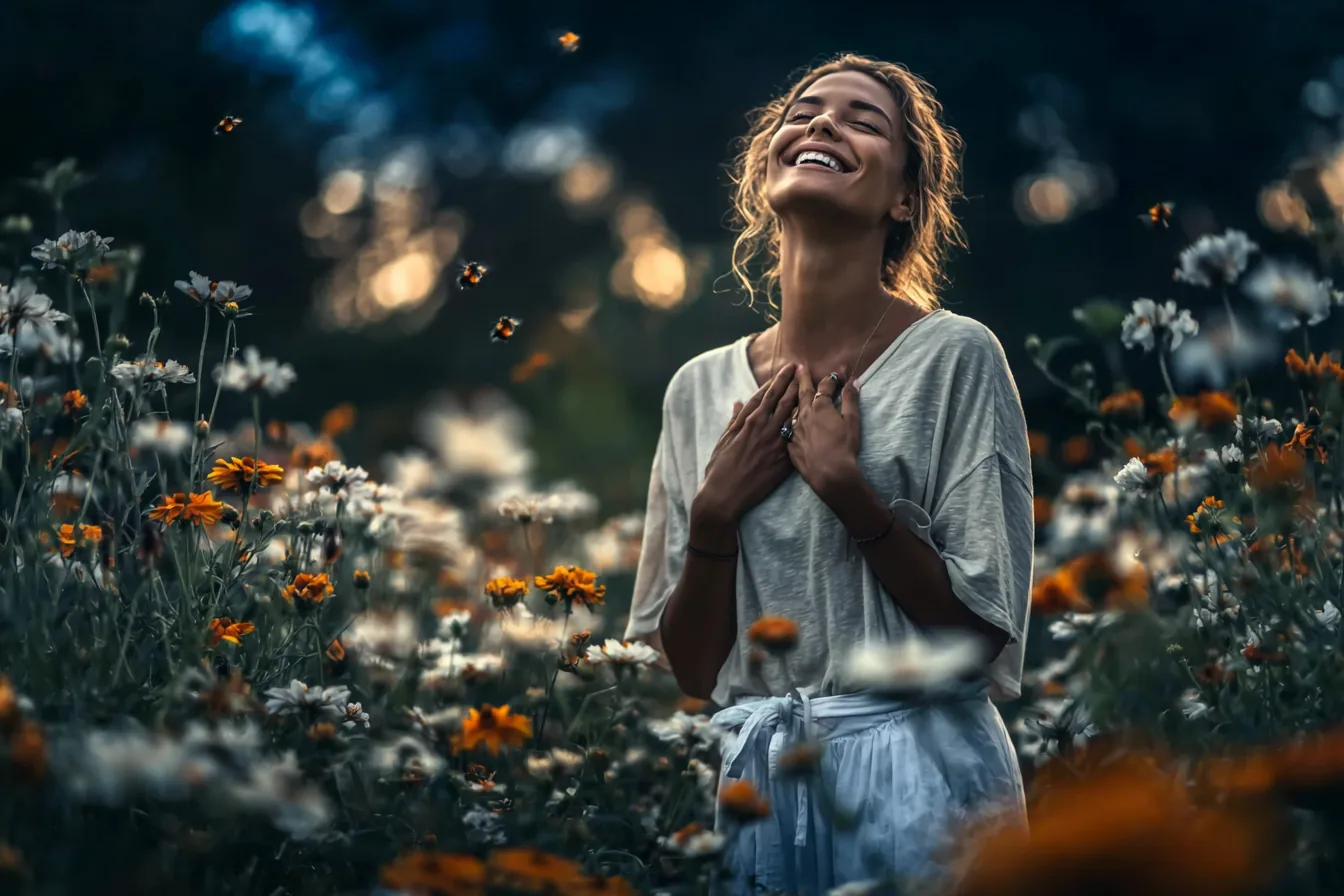 Femme rayonnante au milieu d’un champ de fleurs, symbole d’épanouissement et de confiance retrouvée durant son célibat