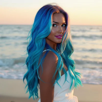 Femme moderne aux cheveux bleu lagon ondulés, debout face à la mer au coucher de soleil, coiffure tendance été 2025