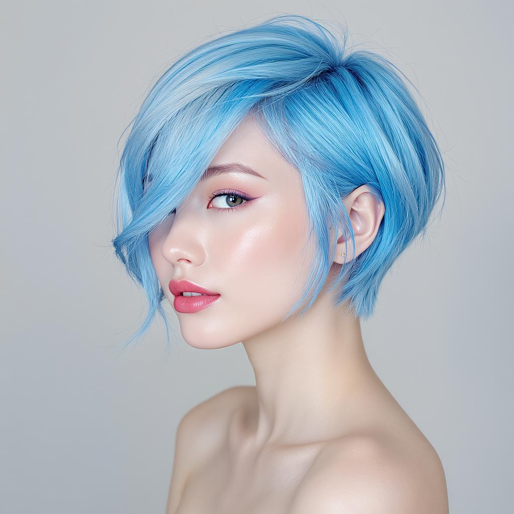 Femme à la peau claire avec cheveux courts Blue Lagoon pastel, effet givré doux et lumineux