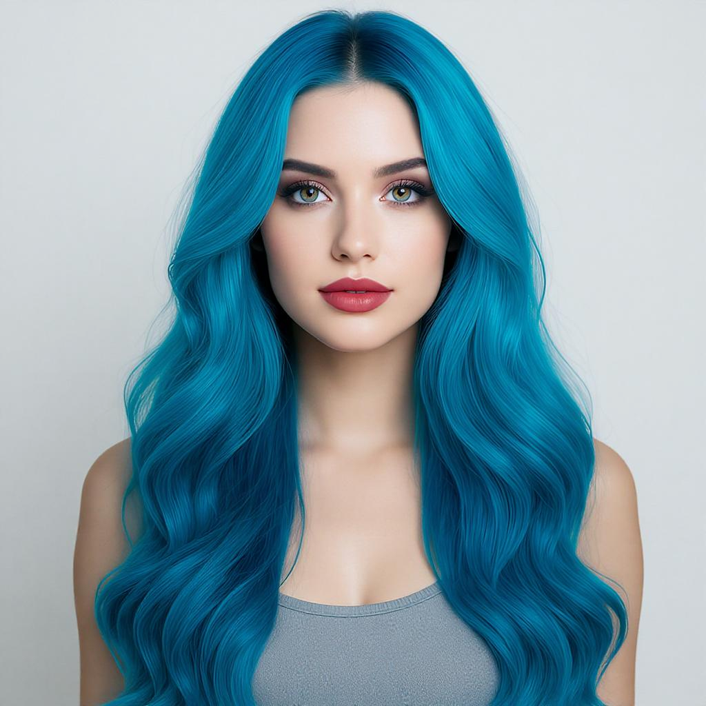 Femme aux cheveux très longs ondulés en coloration Blue Lagoon intense avec dégradé turquoise, style sirène