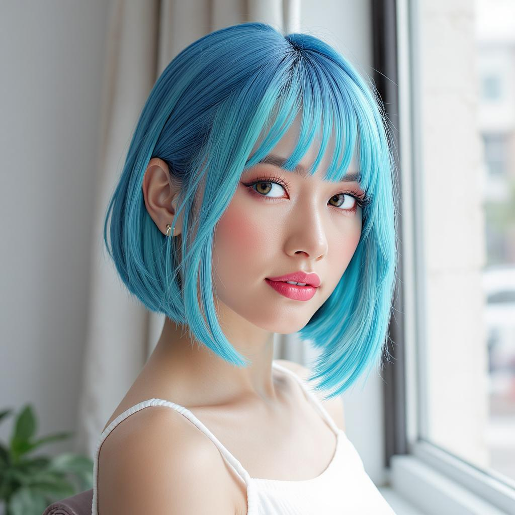 Gros plan sur un carré lisse en coloration Blue Lagoon avec reflets turquoise et finition brillante, ambiance magazine
