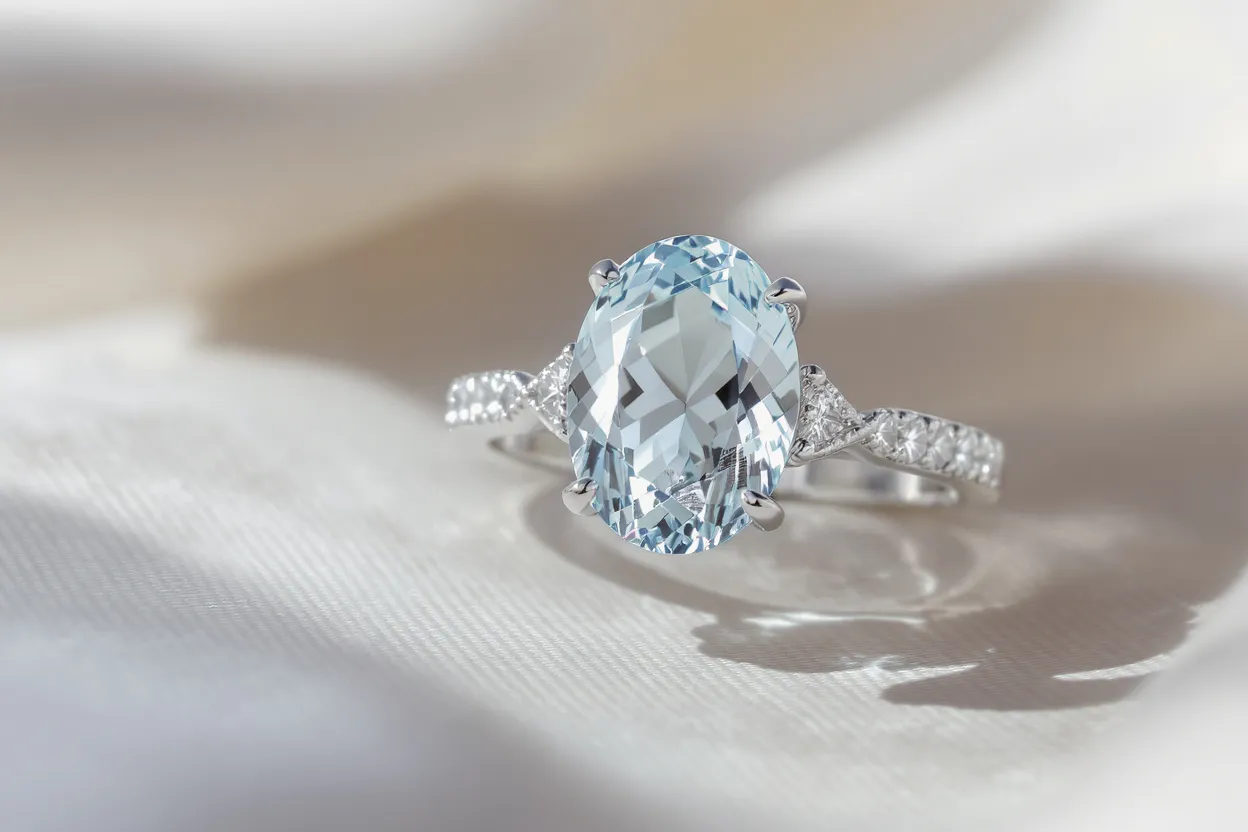 Bague en aigue-marine sertie d’or blanc, pierre bleu clair brillante aux reflets cristallins captée en gros plan.