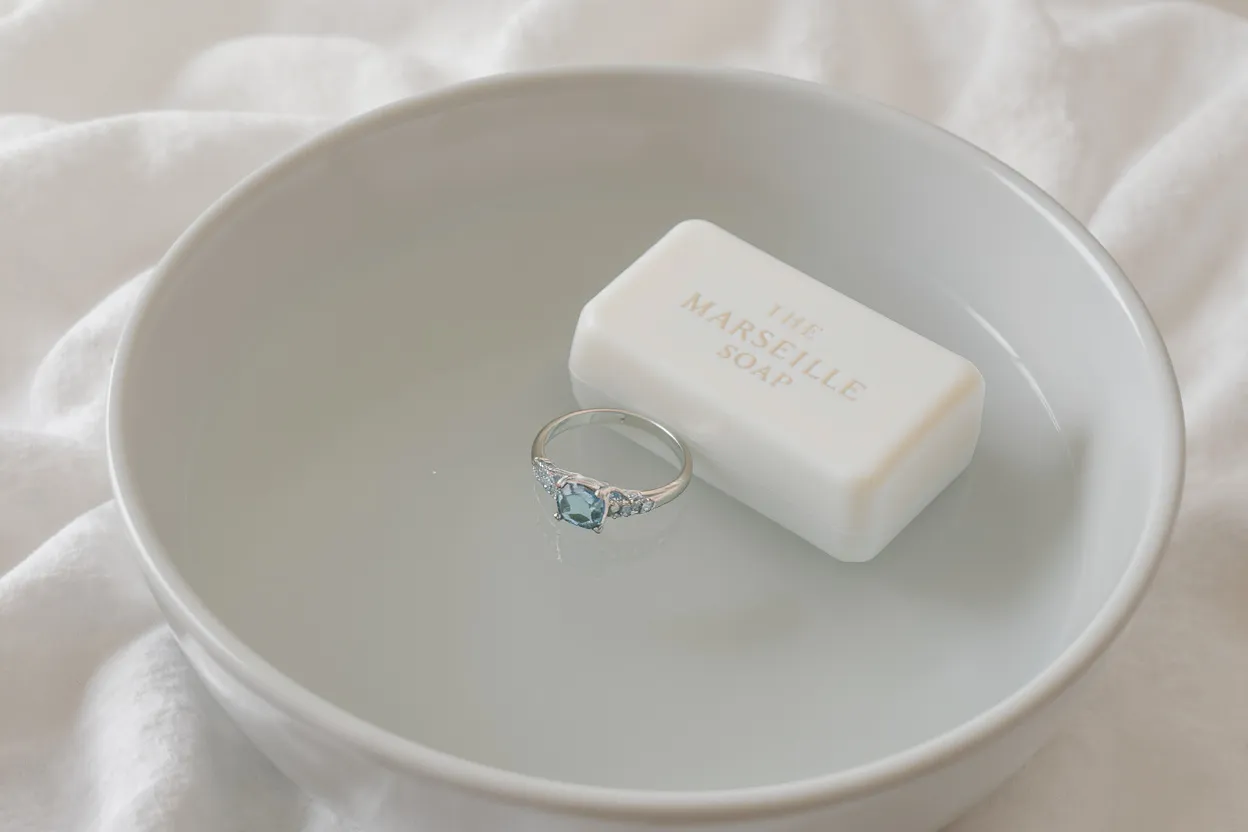 Bague en aigue-marine plongée dans un bol d’eau tiède avec savon doux de Marseille pour un nettoyage sécurisé.