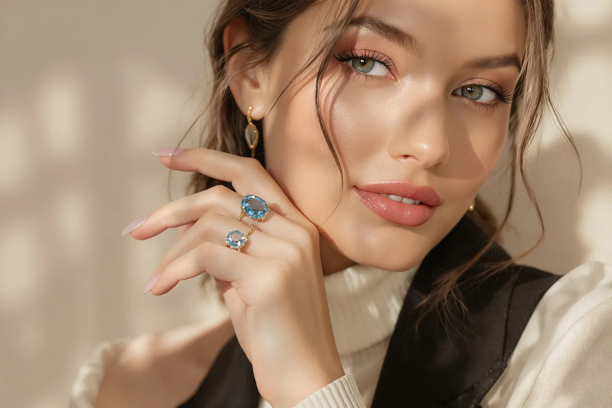 Jeune femme élégante portant une bague en aigue-marine étincelante, mise en valeur par une lumière naturelle douce.