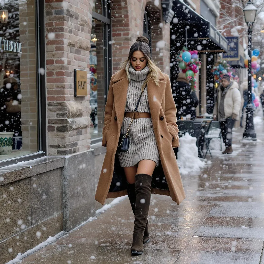 Robe pull ceinturée et bottes hautes avec manteau oversize pour un anniversaire élégant en hiver