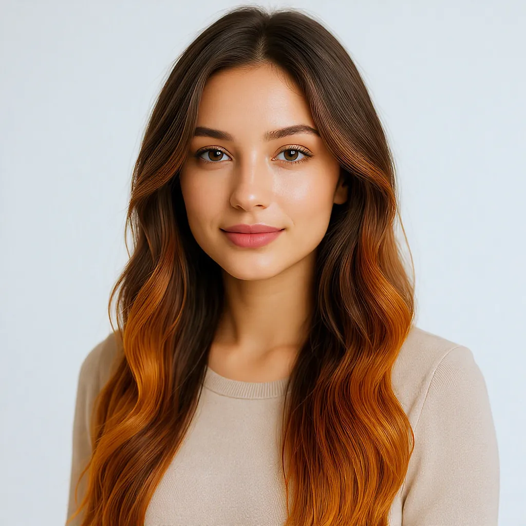 Cheveux bruns longs sublimés par un ombré caramel doré et gourmand, reflet lumineux qui réchauffe le teint.