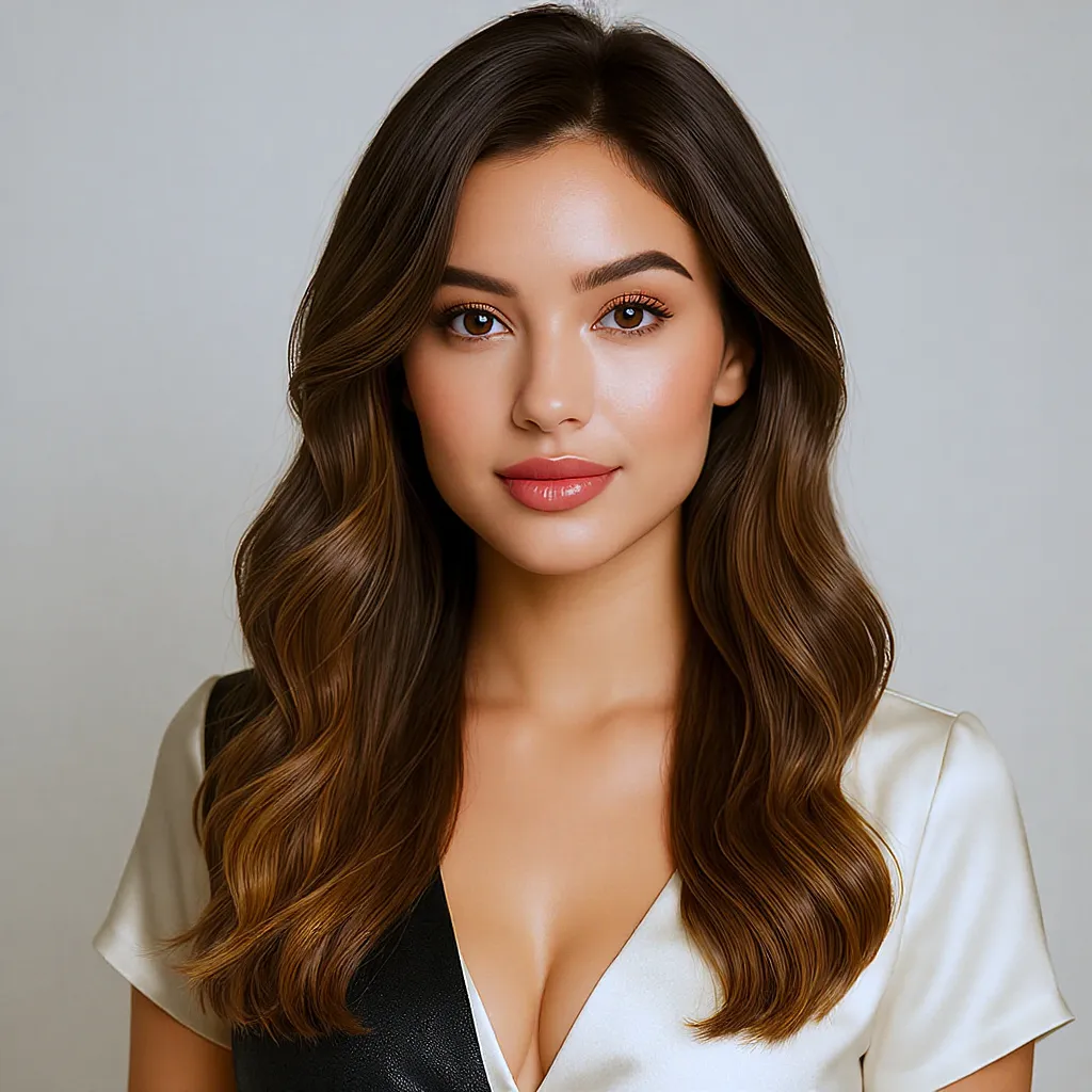 Cheveux châtain foncé avec un ombré chocolat doré brillant et chic, reflets lumineux élégants