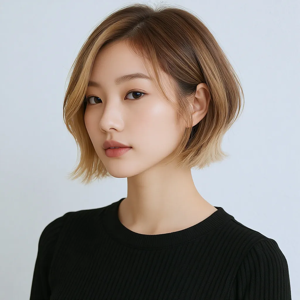 Coupe carré court châtain avec ombré subtil blond miel, effet lumineux et discret.