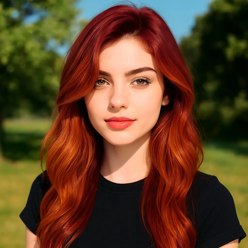 Cheveux roux foncé illuminés par un ombré cuivré intense et flamboyant, reflets lumineux.