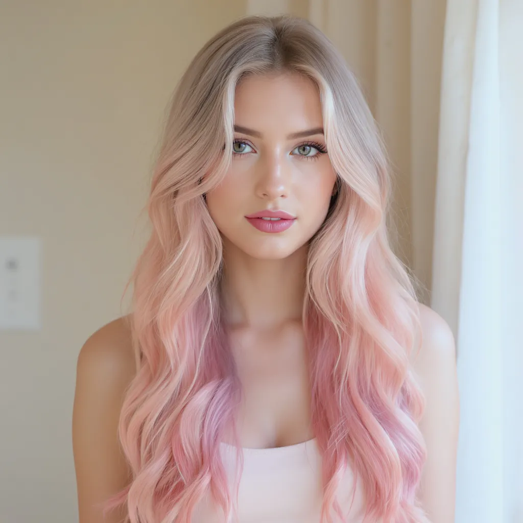 Chevelure blonde longue illuminée par un ombré rosé doux et romantique, effet tendance