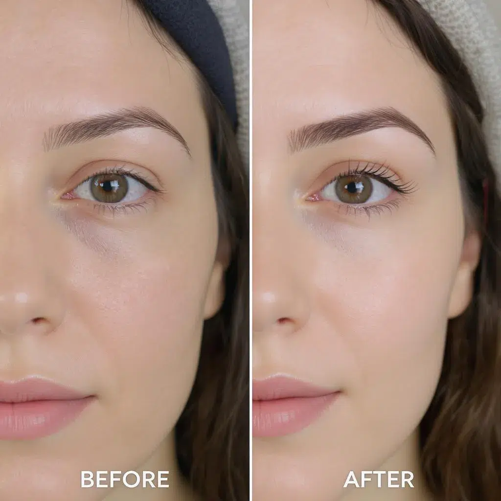 Résultat avant et après réduction des poches sous les yeux, avec peau lissée et regard visiblement plus reposé.