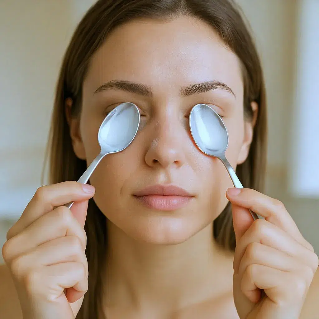 Femme appliquant deux cuillères froides sur ses yeux pour réduire rapidement les poches et rafraîchir le regard