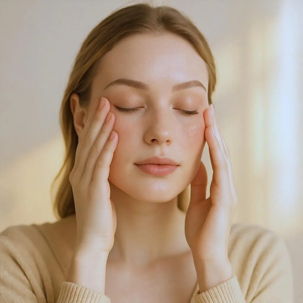 Femme réalisant un massage doux du contour des yeux avec les doigts pour stimuler la circulation et réduire les poches.