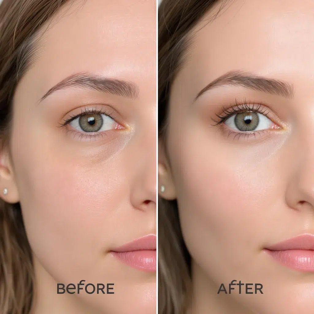 Résultat visible avant et après traitement des poches sous les yeux, avec regard plus frais et lumineux.