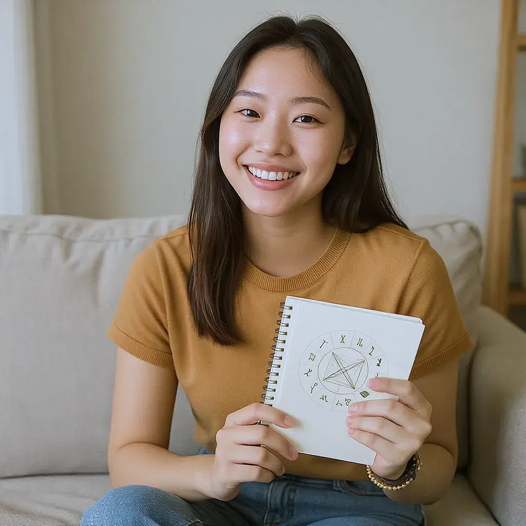 Jeune femme souriante profitant de son célibat, carnet de notes et thème astral à la main pour explorer ses besoins affectifs