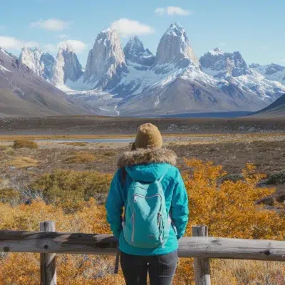 Voyageuse admirant les montagnes du Fitz Roy en Patagonie, au cœur d’un paysage automnal