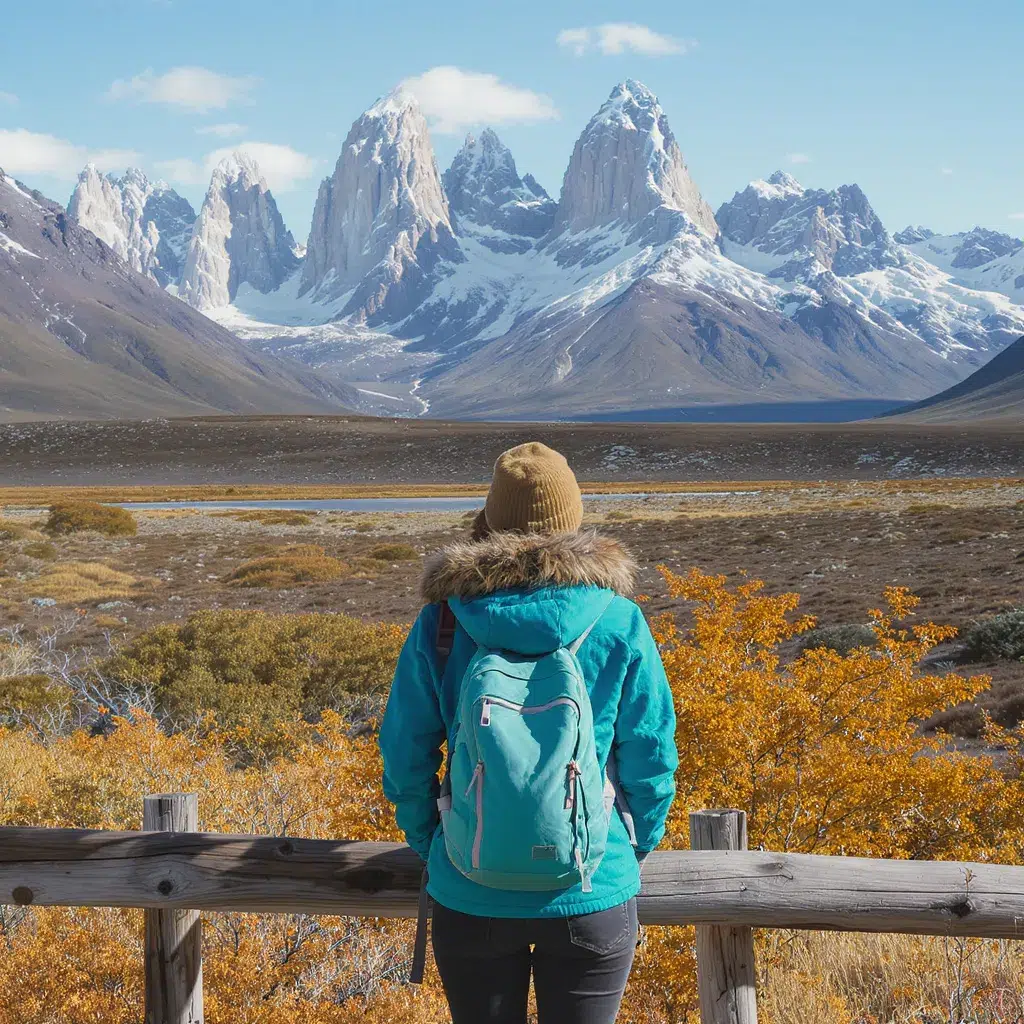 Voyageuse admirant les montagnes du Fitz Roy en Patagonie, au cœur d’un paysage automnal