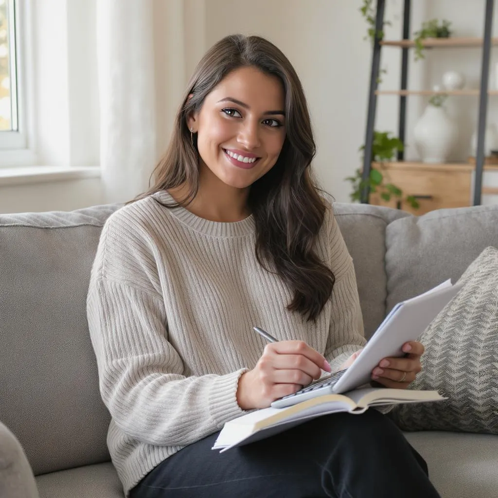 Femme concentrée sur le budget de son mariage, avec un carnet de notes et une calculatrice dans un intérieur lumineux