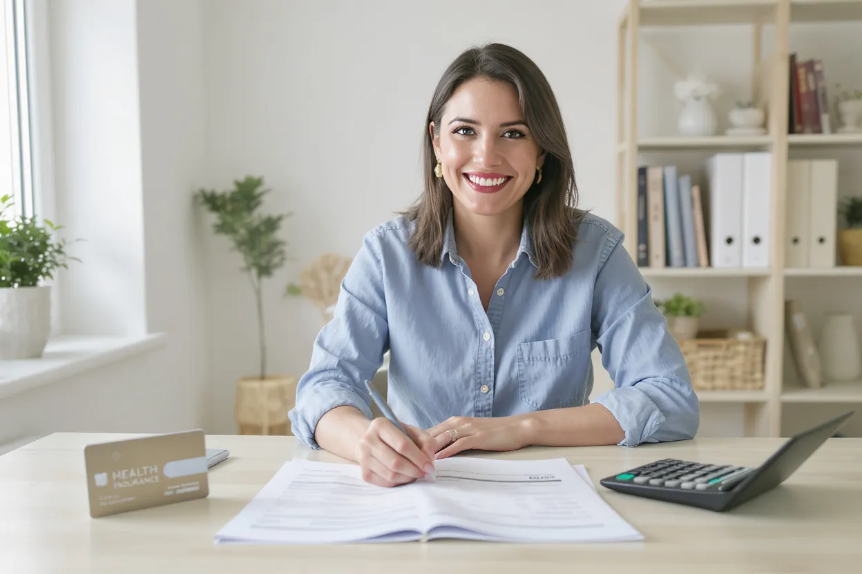 Femme organise son budget santé avec carte Vitale, factures et calculatrice pour anticiper ses dépenses médicales annuelles.