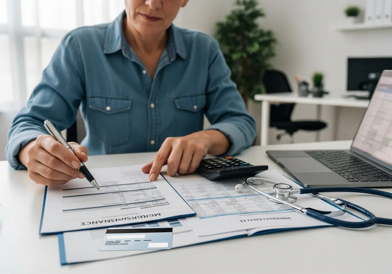 femme qui calcule ses frais de santé chez elle sur son bureau avec ses factures, ses prescriptions, un stylo, une calculatrice et son laptop