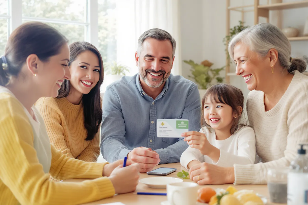 Famille souriante montre une carte de mutuelle santé pour illustrer la protection contre les frais médicaux imprévus et coûteux.