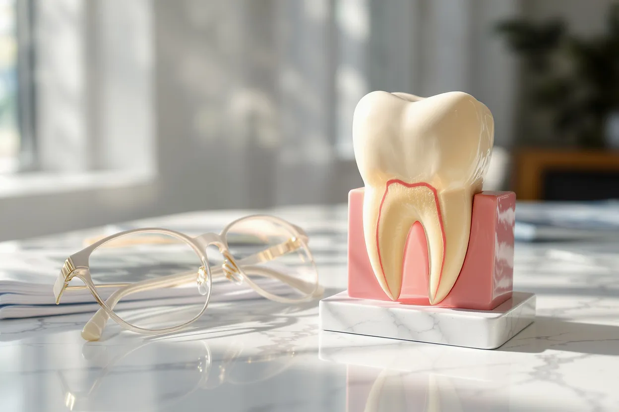 maquette 3d dentaire et lunettes posés sur une table pour illustrer le coût élevé de l’optique et des soins dentaires dans le budget santé.