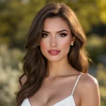 Femme brune au look élégant, cheveux mi-longs ondulés, reflets chocolat lumineux, posant en extérieur avec lumière naturelle dorée,
