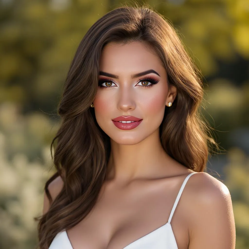 Femme brune au look élégant, cheveux mi-longs ondulés, reflets chocolat lumineux, posant en extérieur avec lumière naturelle dorée,