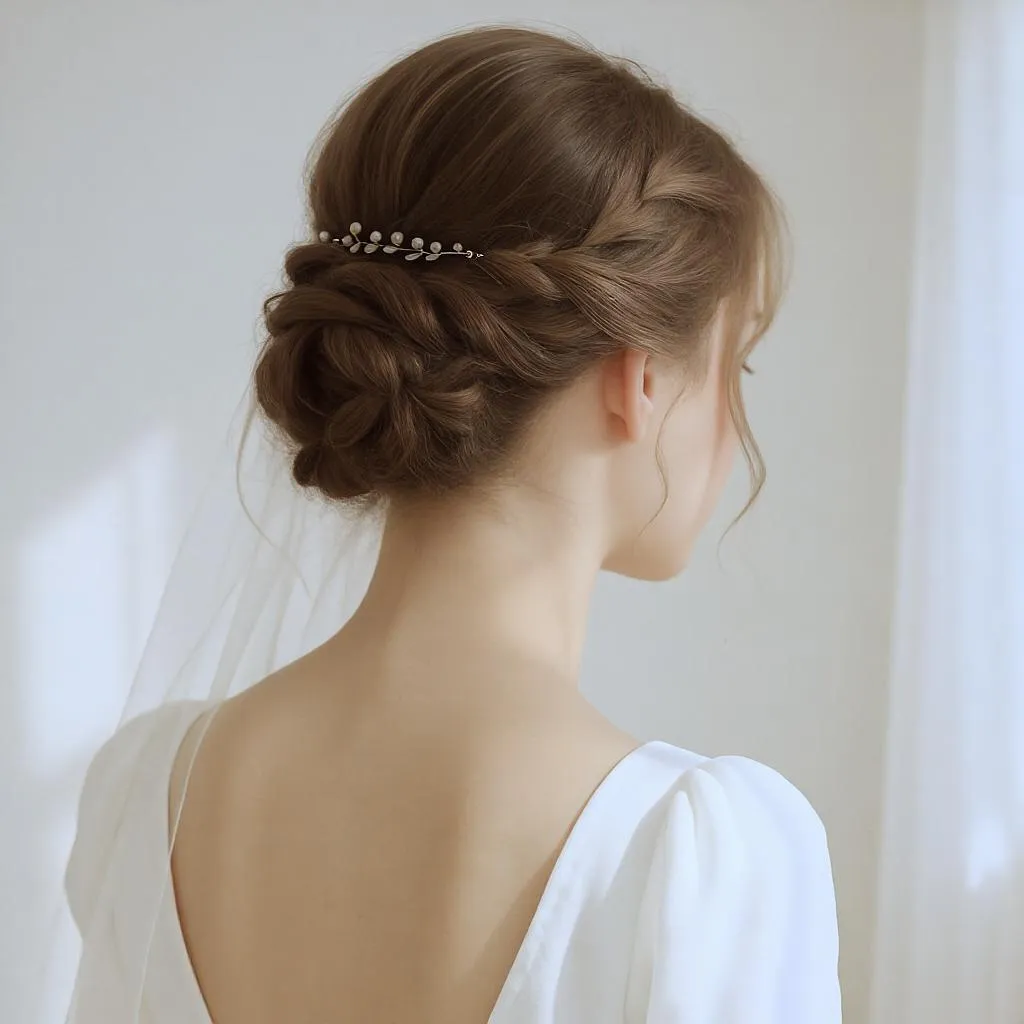 Coiffure de mariage brune avec tresse couronne, accessoire perlé discret, robe blanche élégante