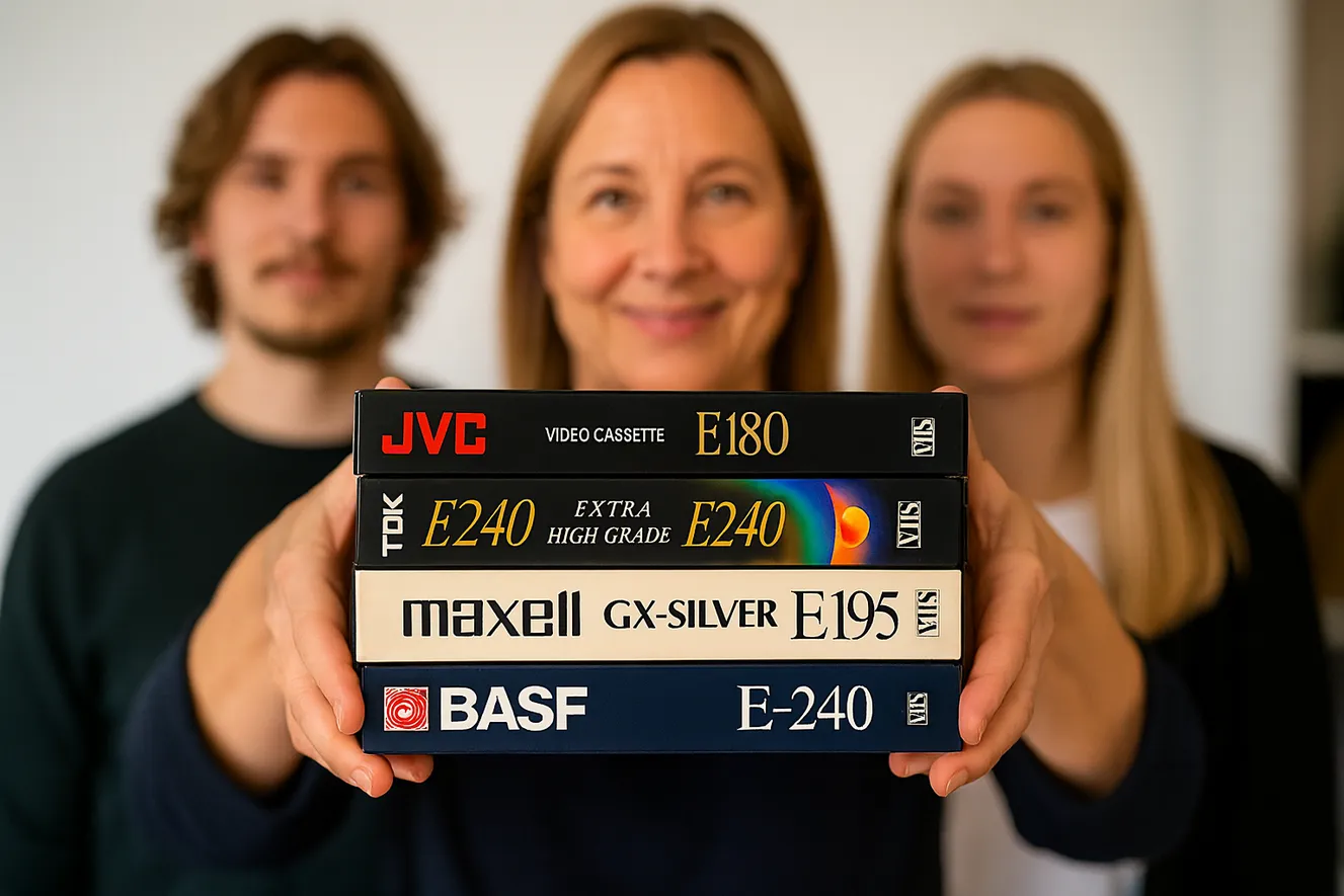 Une maman souriante et ses enfants tenant une pile de cassettes VHS familiales, moment complice et nostalgique