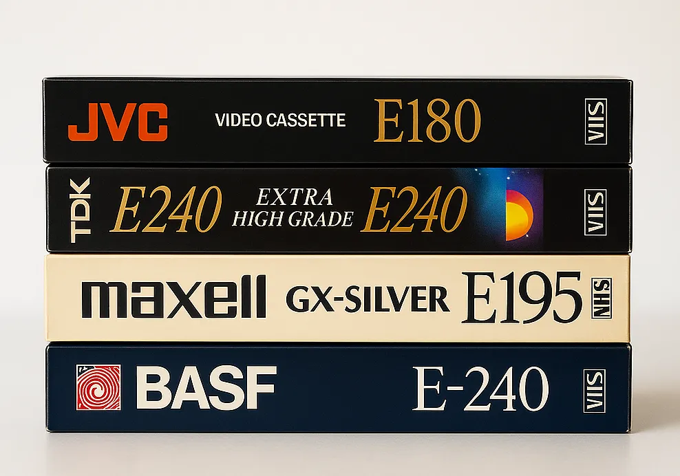 Cassettes VHS JVC, Maxell et BASF empilées, prêtes à être numérisées pour conserver les souvenirs familiaux