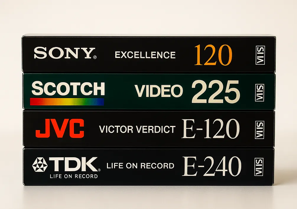 Pile de cassettes VHS de marques Sony, JVC, TDK et Scotch, supports vieillissants menacés par le temps