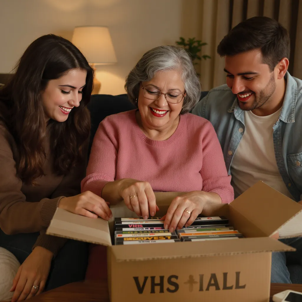 Une maman souriante et ses enfants tenant une pile de cassettes VHS familiales, moment complice et nostalgique