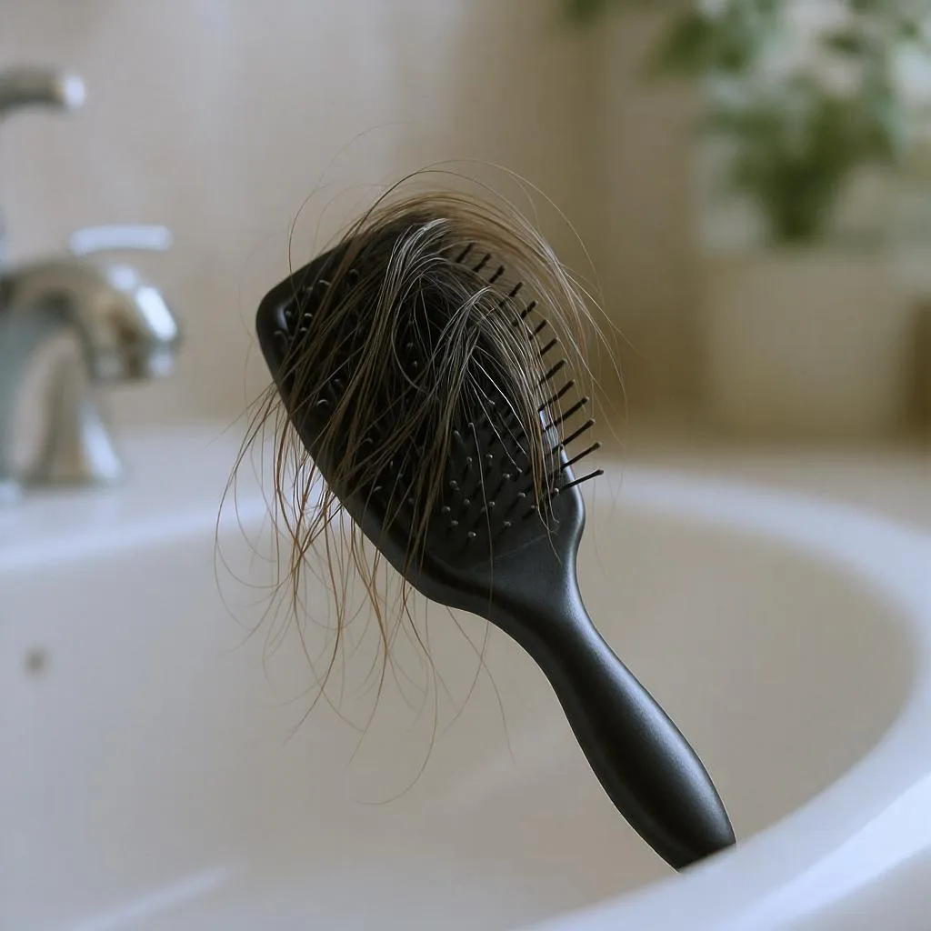 Zoom sur une brosse remplie de cheveux tombés, posée sur un lavabo, symbole fréquent du post-partum