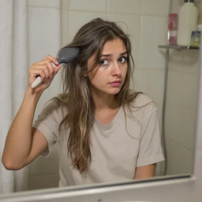Jeune maman post-partum assise dans sa salle de bain, observant ses cheveux qui tombent avec inquiétude mais douceur