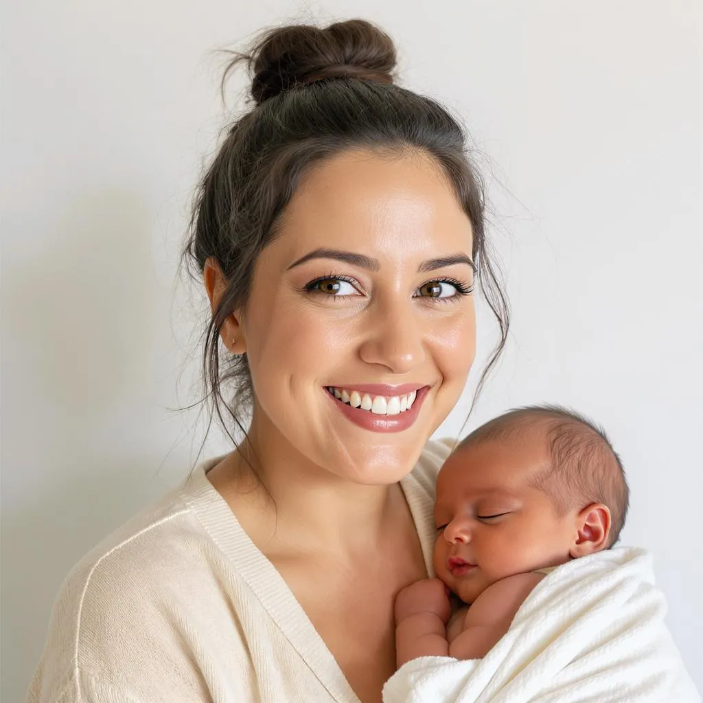 Portrait optimiste d’une femme post-partum souriante avec son bébé appaisé dans les bras, les cheveux attachés en chignon flou et naturel
