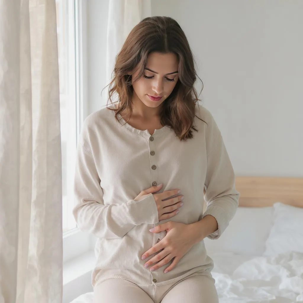 Femme effectuant un geste de prévention santé dans un cadre intime, posée et consciente, en tenue confortable, sans artifice