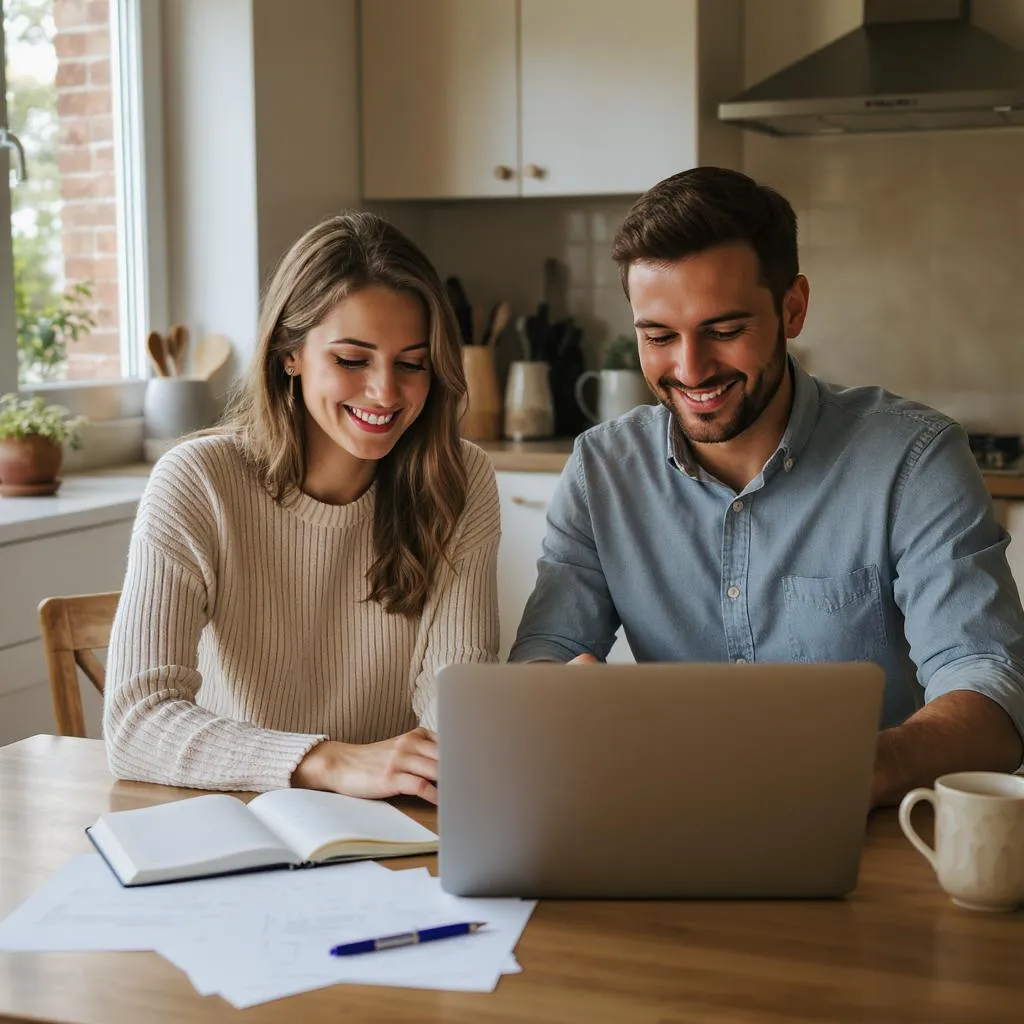 Couple planifiant leur mariage à la maison, en train de budgétiser les dépenses avec documents et ordinateur portable