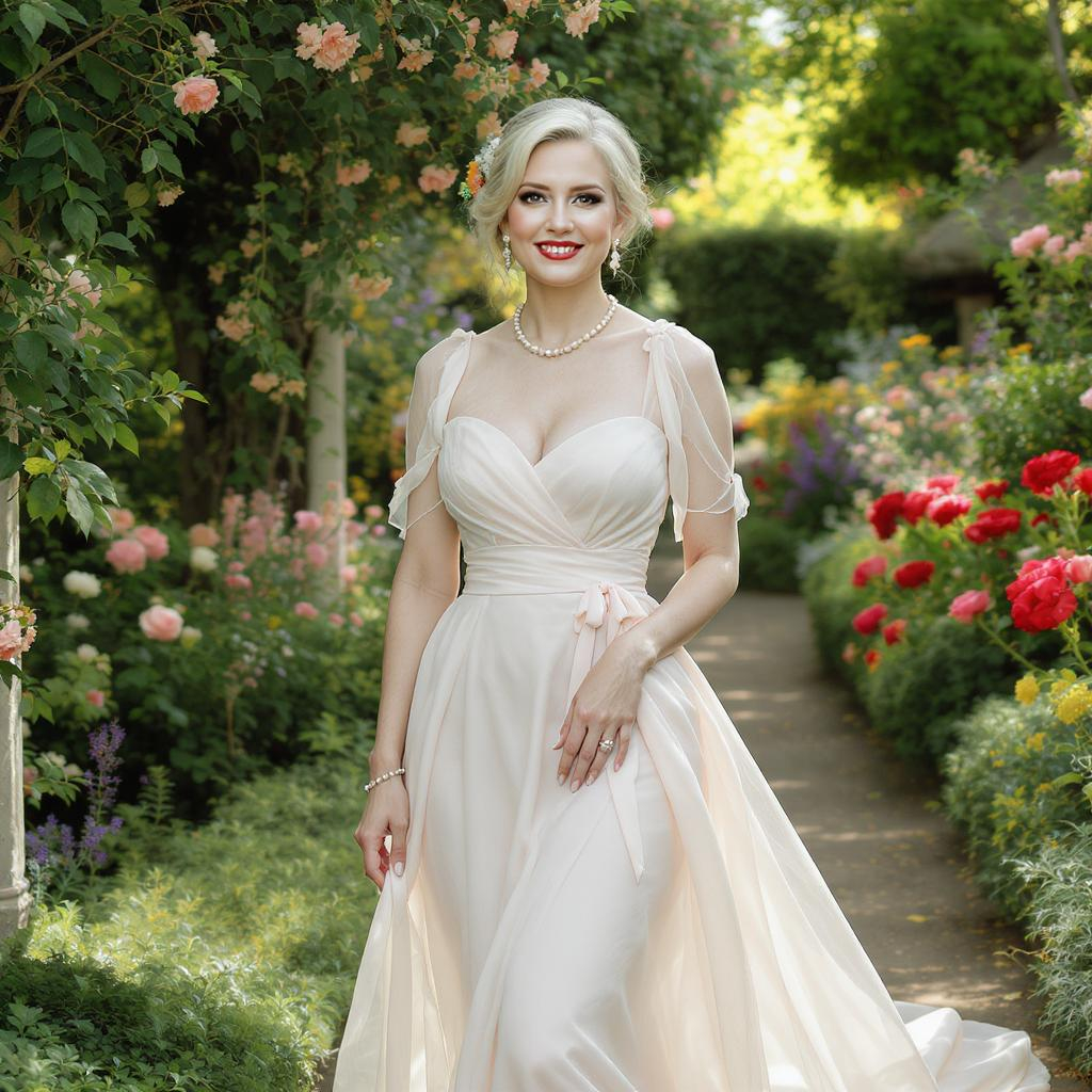 Femme élégante de 50 ans en robe pastel dans un jardin, ambiance de mariage chic et lumineuse, style éditorial naturel